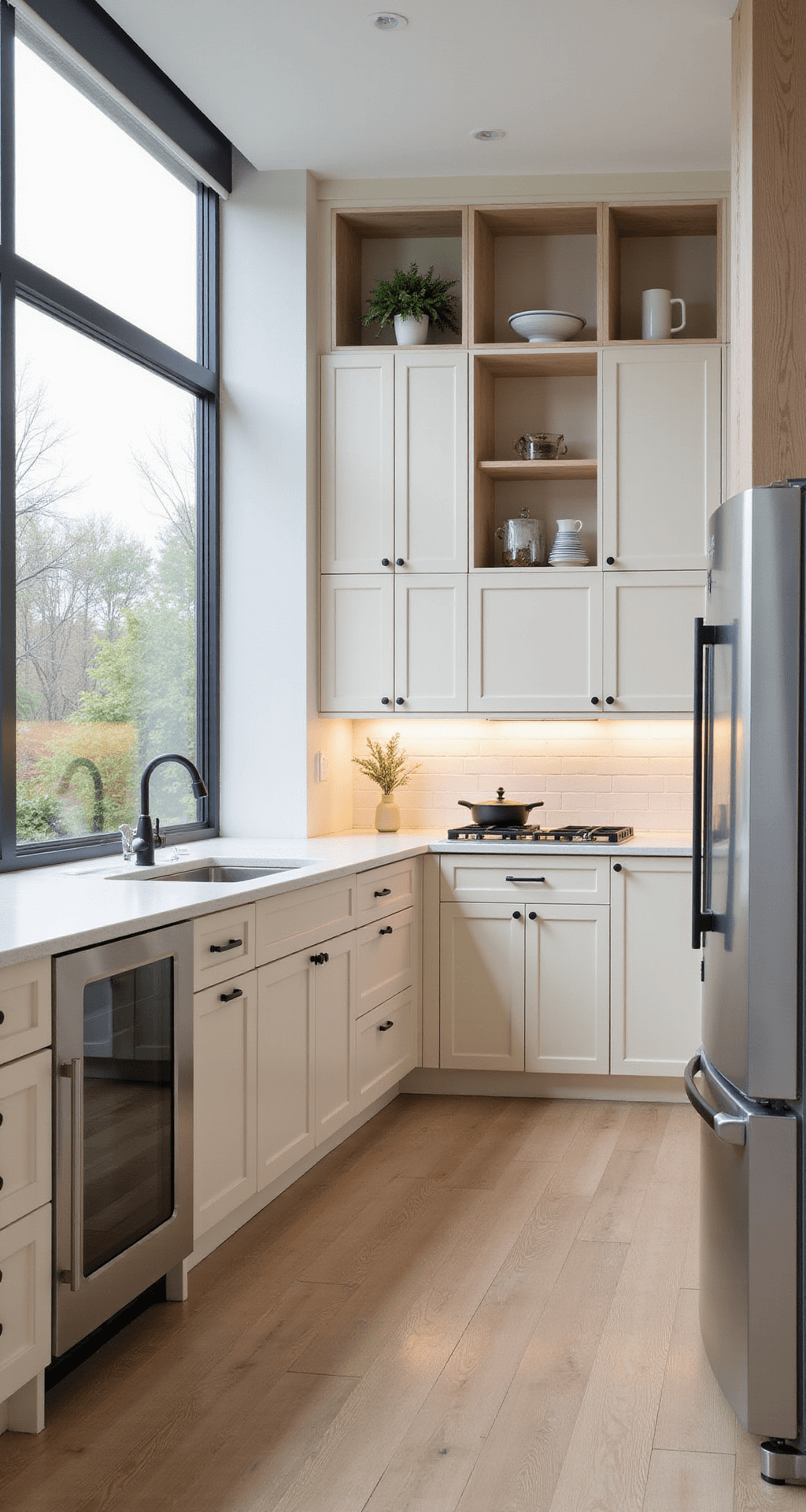 A modern minimalist kitchen featuring cream Shaker-style cabinets, pale ash open shelving, white quartz countertops, and matte black hardware, all illuminated by morning light through floor-to-ceiling windows.