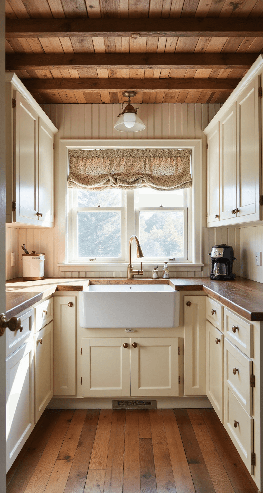 Cozy 12x14ft farmhouse kitchen featuring exposed wooden beams, cream beadboard ceiling, and warm afternoon sunlight filtering through cafe curtains, highlighting cream cabinets with vintage brass pulls and walnut butcher block countertops. The scene includes a white ceramic farmhouse sink beneath a window, vertical beadboard backsplash, and vintage-style pendant lighting, captured straight-on from the doorway.