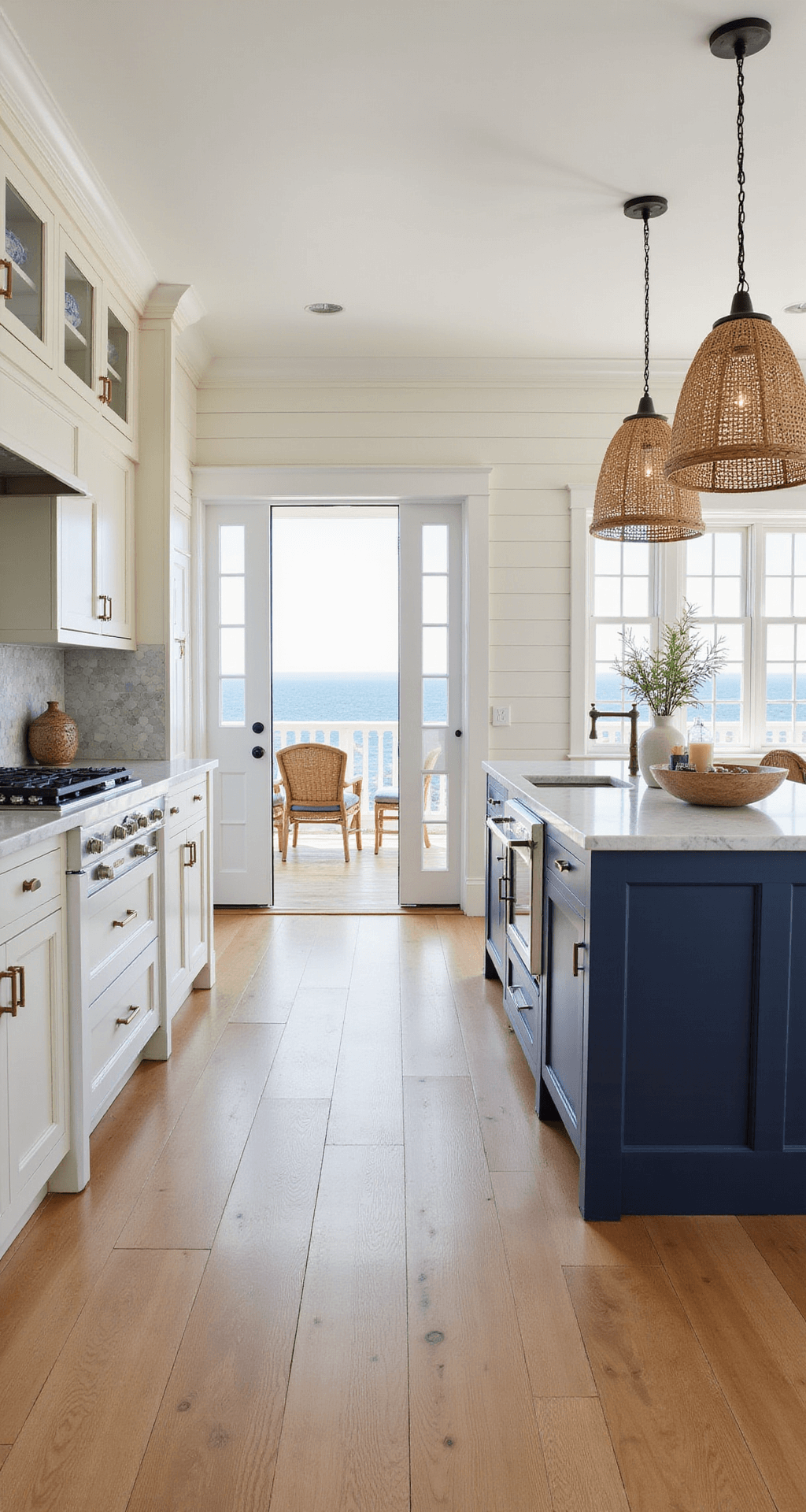 Bright coastal kitchen with cream cabinets and ship-lap walls, featuring navy island, glass-front upper cabinets, limestone countertops, and hexagonal marble backsplash, all bathed in morning ocean light.