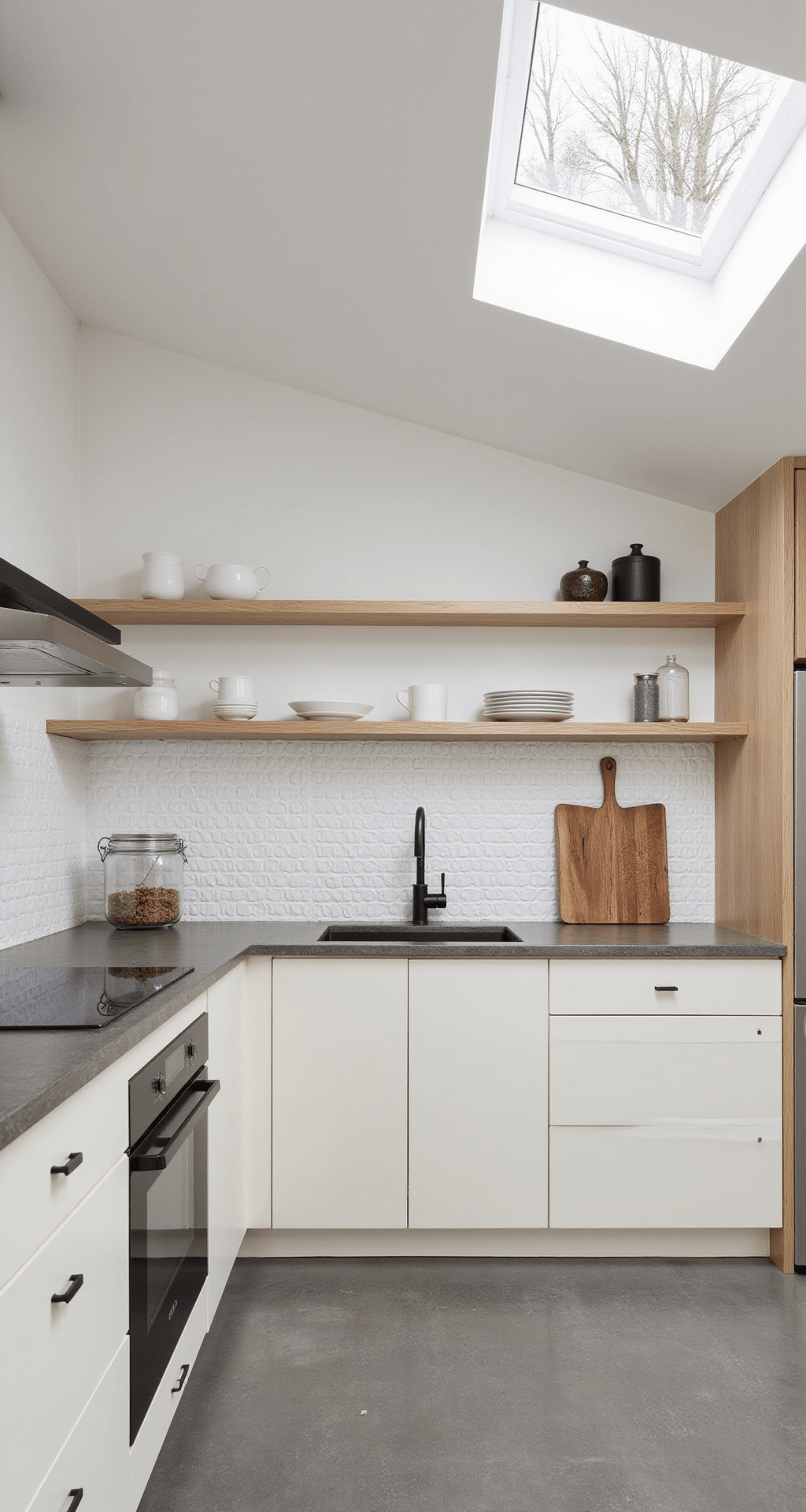 Bright Scandinavian minimal kitchen featuring flat-panel cream cabinets, pale wood accents, concrete countertops, and a white penny tile backsplash, illuminated by winter morning light from a skylight. Black matte fixtures and minimal hardware complement floating open shelves displaying white ceramics.