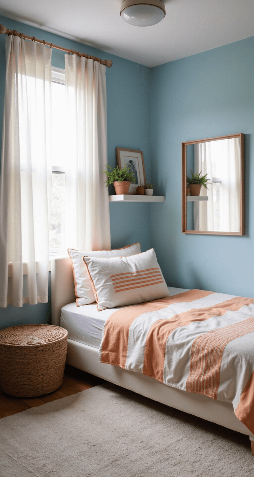 A cozy small bedroom with light blue walls, featuring a twin bed with orange and white striped bedding. The bed is tucked against the wall beneath a floating nightstand shelf. A large mirror opposite the window enhances the diffused afternoon light filtered through sheer curtains. Textures in the room include woven baskets, cotton bedding, and a plush area rug, all shot from an elevated corner angle to highlight the space-saving layout.