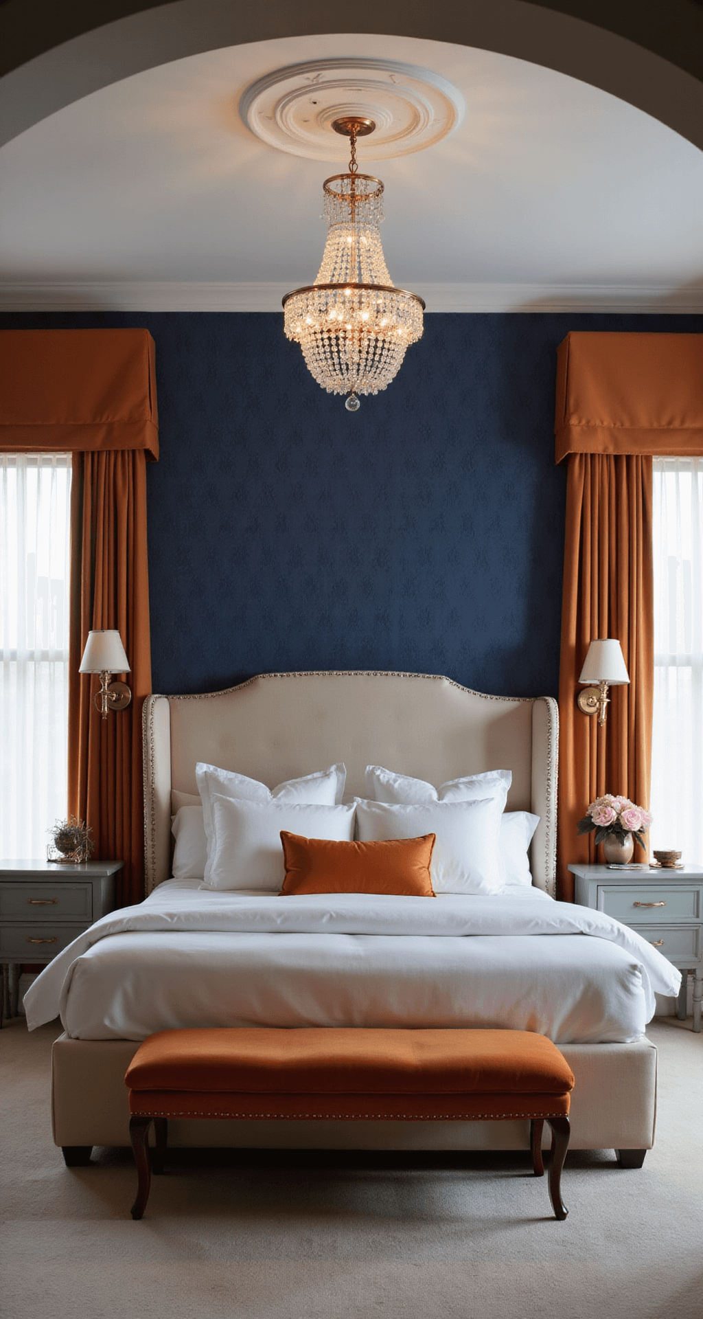 A luxurious master suite featuring an indigo blue wallpapered wall, a cream linen upholstered king bed, dusk lighting with crystal chandelier and sconces, a burnt orange velvet bench, matching drapery, and materials like silk, crystal, velvet, and polished metals, captured with a wide-angle lens.