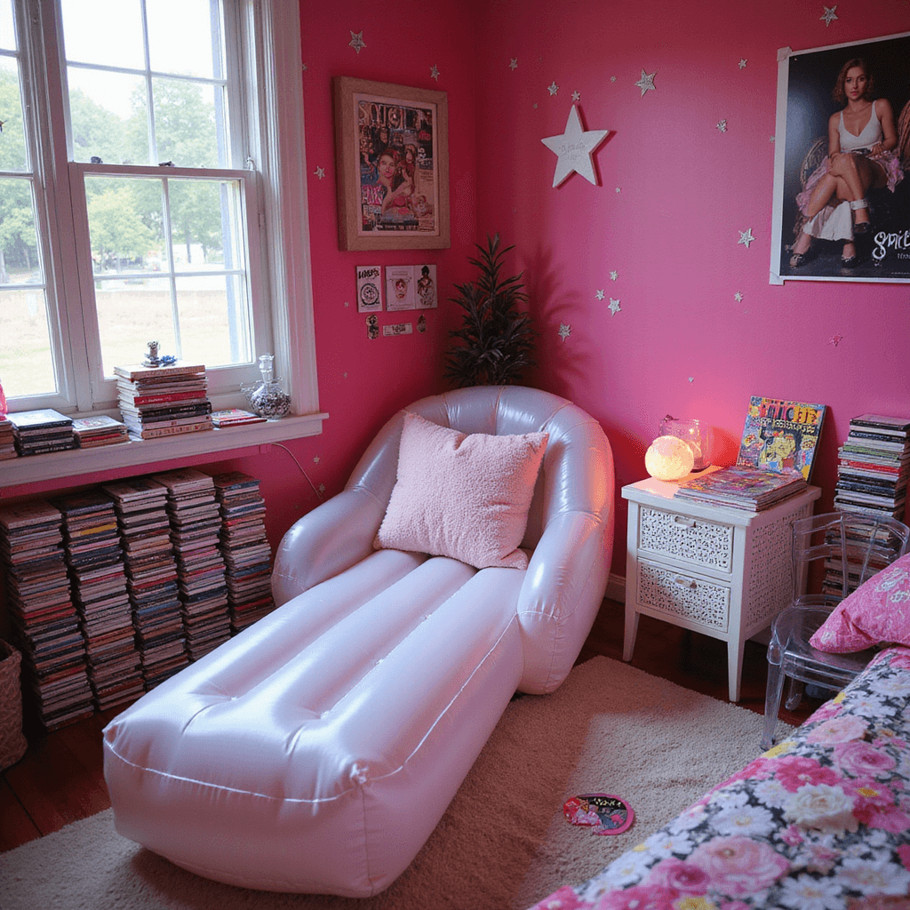 A cozy bedroom corner with a clear inflatable lounger, stacks of teen magazines, and a CD collection. Glow-in-the-dark stars dot the ceiling, and a Spice Girls poster adorns the hot pink wall. A clear telephone and Lisa Frank stickers sit on a white wicker nightstand, all captured in soft, dreamy lighting.