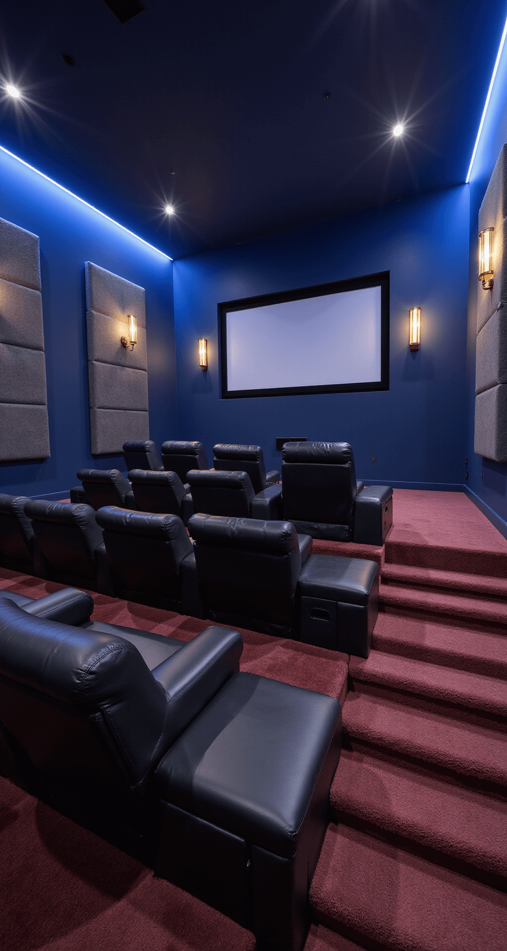 A luxurious basement home theater with navy walls, burgundy carpet, and tiered seating featuring black leather recliners. Soft blue LED lighting highlights the space, with a 120-inch screen and acoustical panels enhancing the cinematic feel.