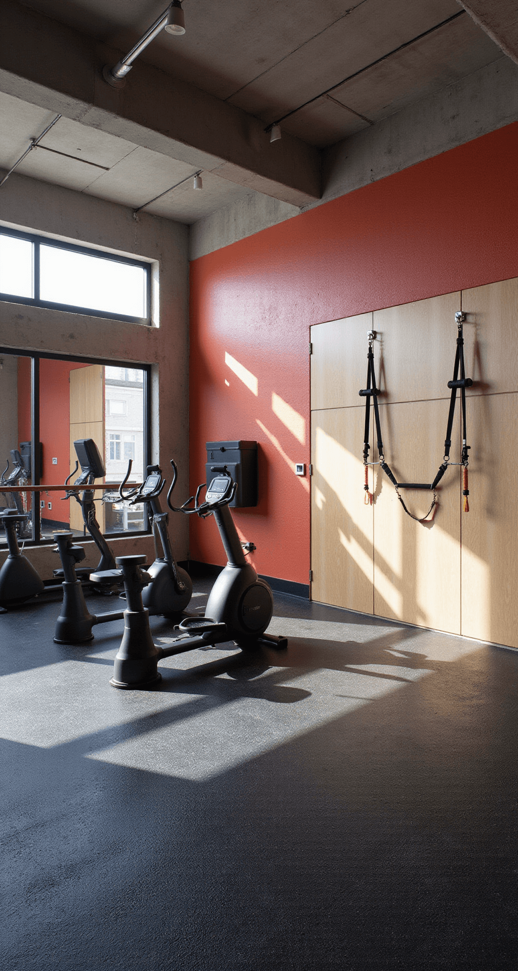 A modern basement gym with exposed concrete walls and black rubber flooring, featuring a mirror wall with a ballet barre. Ample natural light from large windows highlights the black cardio machines and coral accent wall with TRX gear. Bleached oak storage, rolled towels, and motivational graphics complete the space.