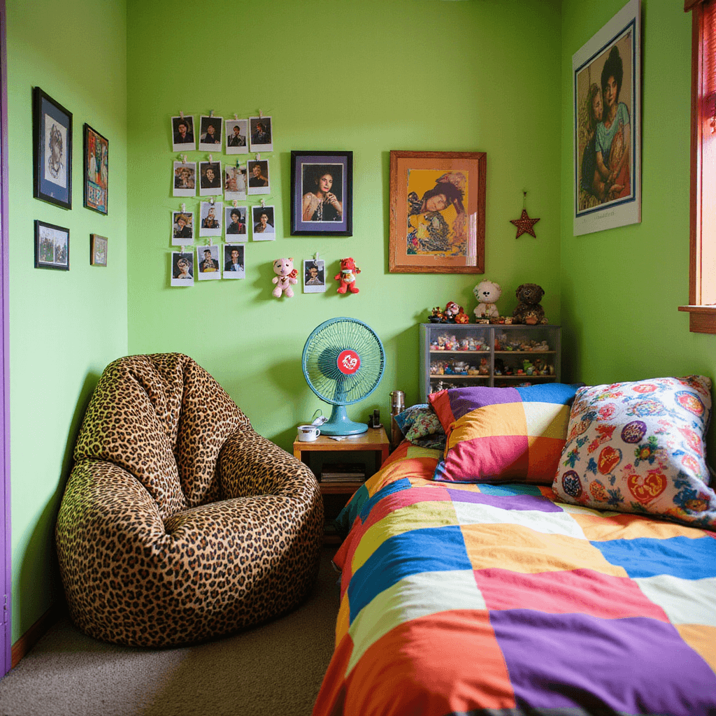 A colorful 90s-themed bedroom with neon green walls, leopard print bean bag, Beanie Baby collection, rainbow fan, and a bed with a bold geometric comforter.