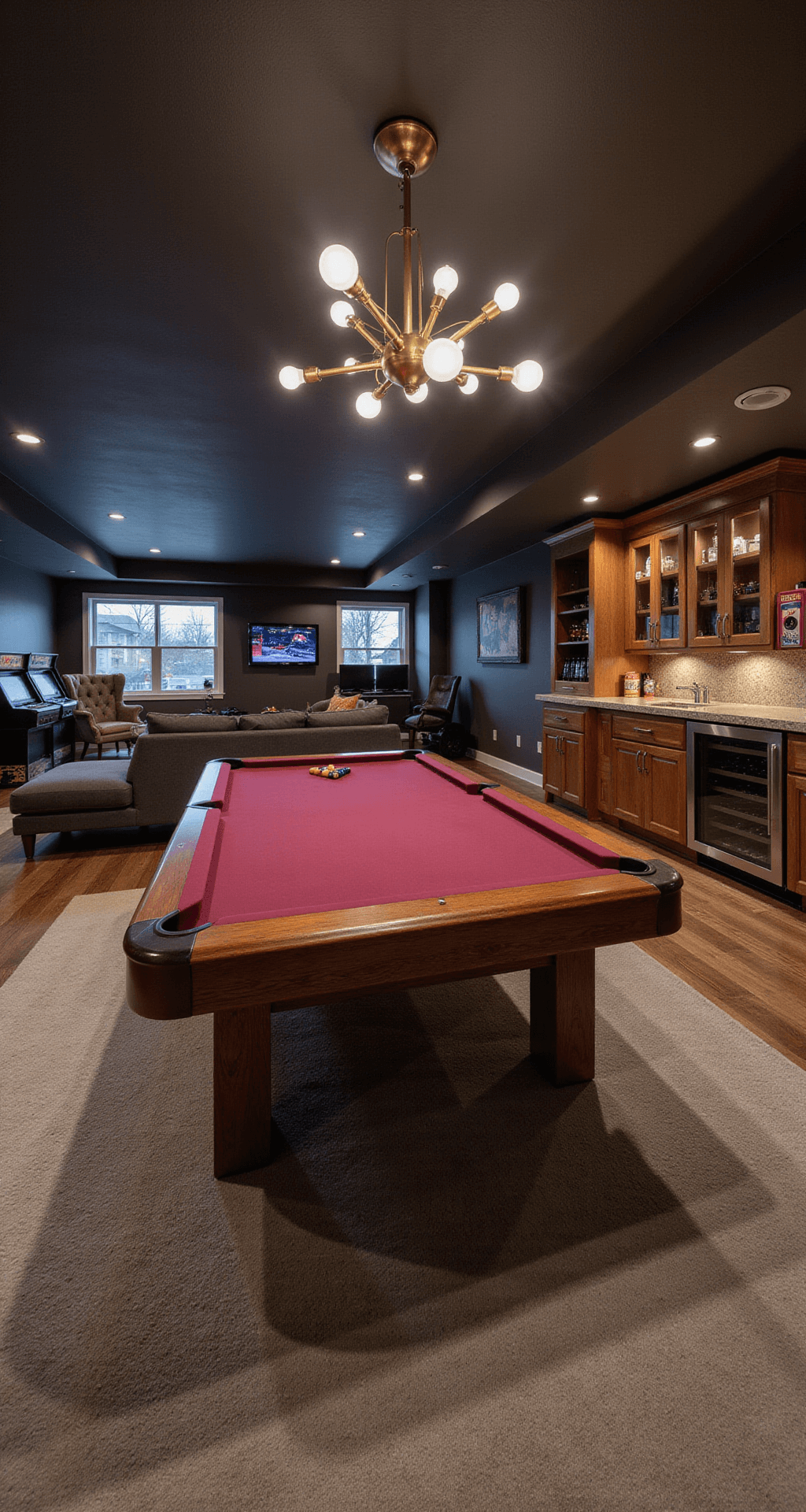 Open concept game lounge with burgundy pool table, modern chandelier, vintage arcade machines, walnut bar, glass wine storage, and gray sectional amidst warm evening lighting.