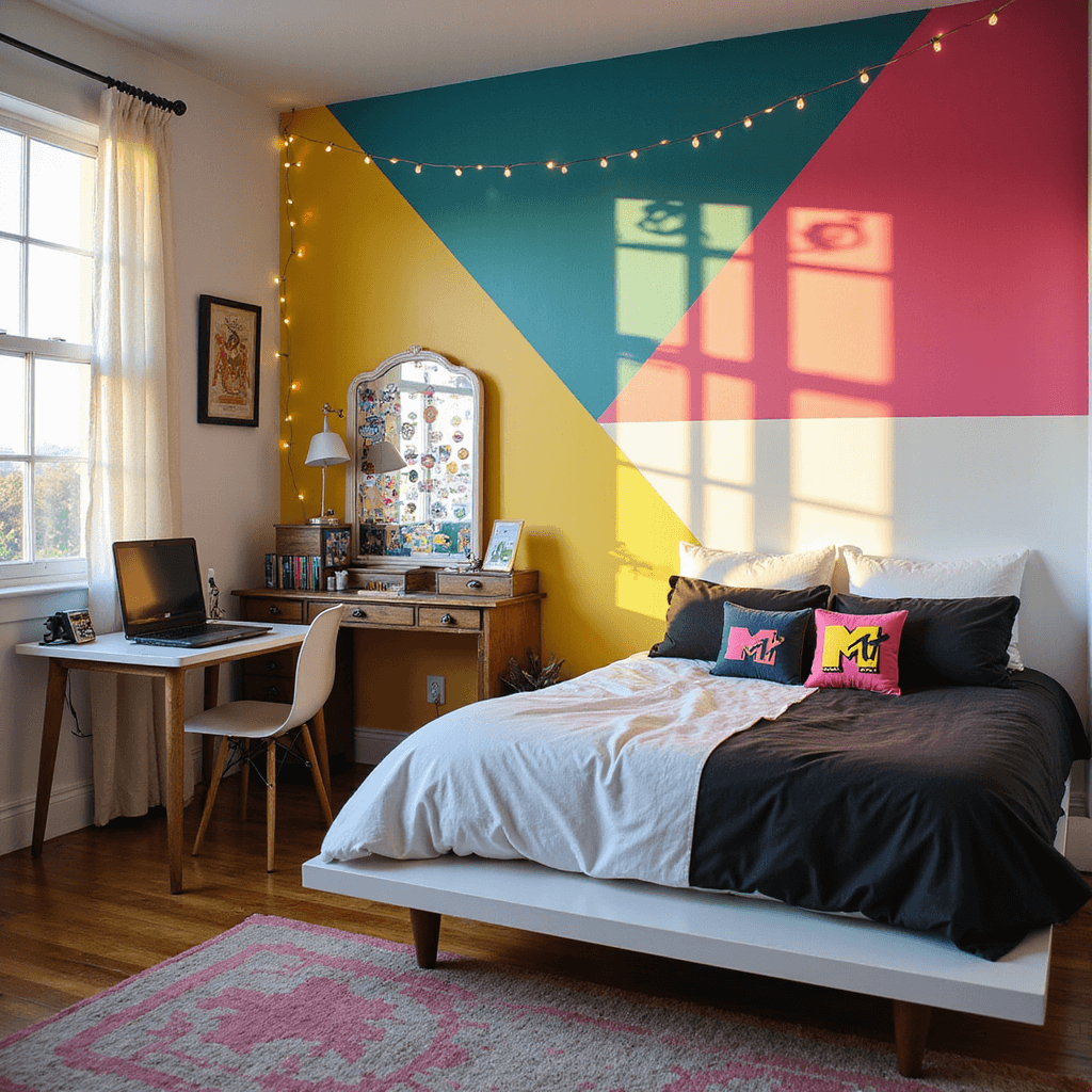 A trendy teen bedroom blends 90s and modern styles, featuring white walls with teal, hot pink, and yellow geometric shapes. A platform bed with black and white bedding and MTV throw pillows stands out. A mix of modern and vintage is seen with a laptop and Tamagotchis on a vintage drafting desk. Fairy lights frame a vanity mirror adorned with boy band stickers, all bathed in golden hour light highlighting the vintage decor.