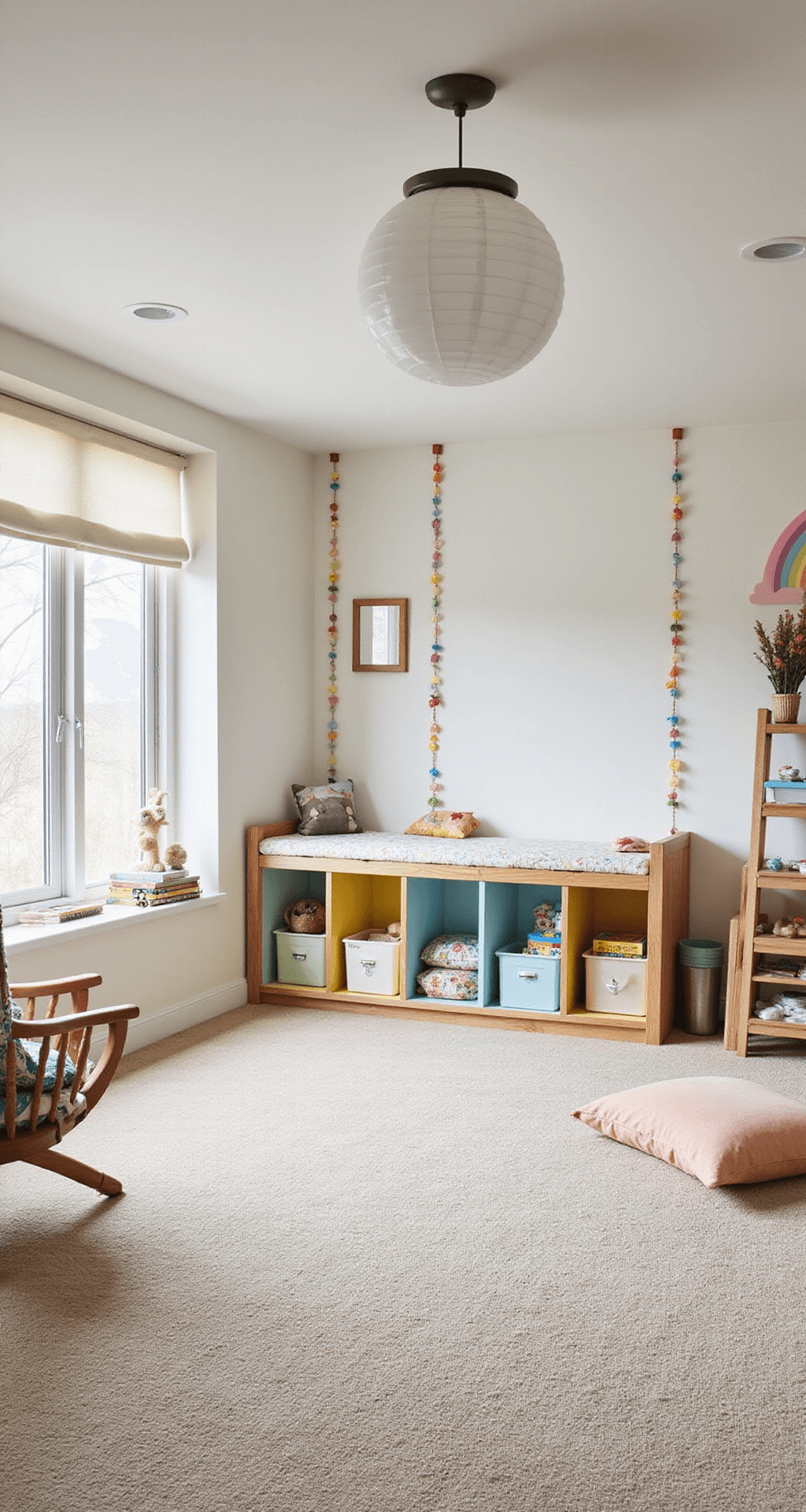 A whimsical children's playroom with cloud white walls, a rainbow-striped accent wall, and 9ft ceilings. The room features an indoor swing, climbing holds, plush cream berber carpet, pastel storage cubbies, a reading nook with a hanging chair, and is filled with natural light from large windows. Brightly arranged toys and books add to the airy atmosphere.