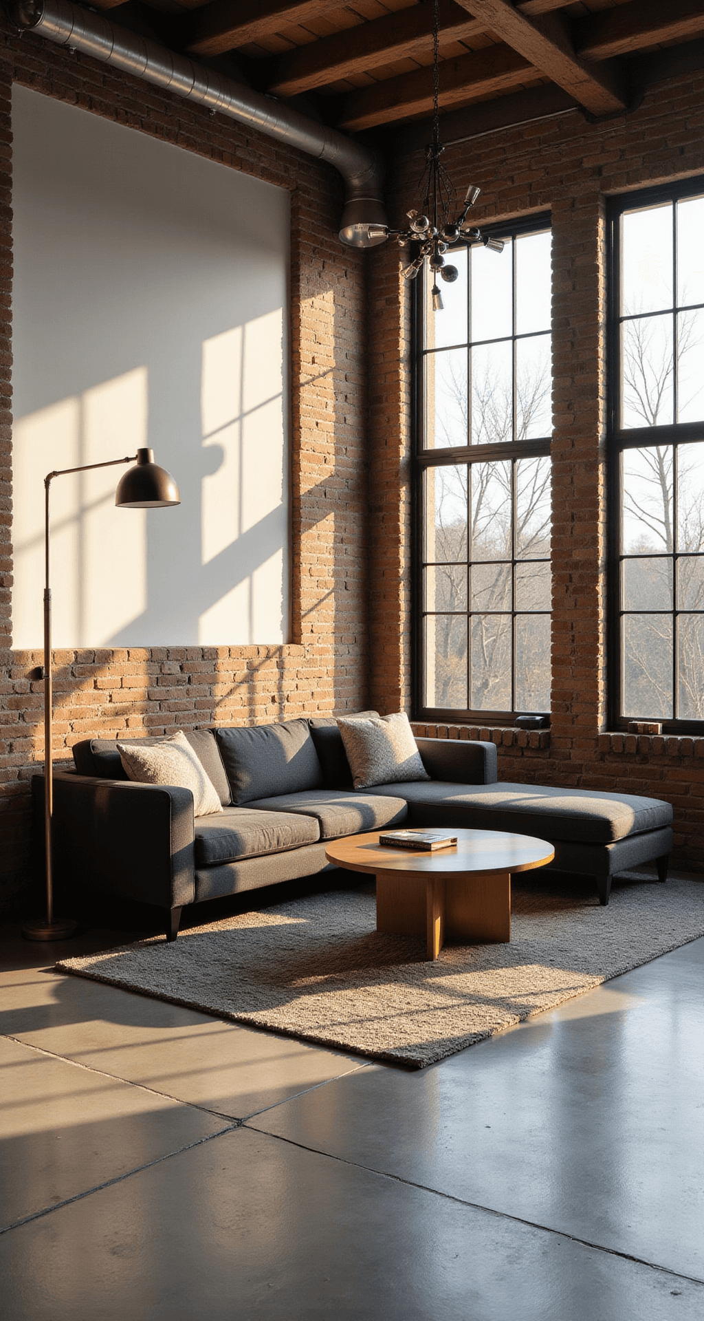 A spacious industrial chic lounge with polished concrete floors, exposed ceiling beams, and a white painted textured brick accent wall. A charcoal modern sectional anchors the seating area near oversized industrial windows with black frames. Featuring mixed metal lighting fixtures and sunlight casting dramatic shadows during golden hour. Layered textiles and contemporary art pieces add warmth.