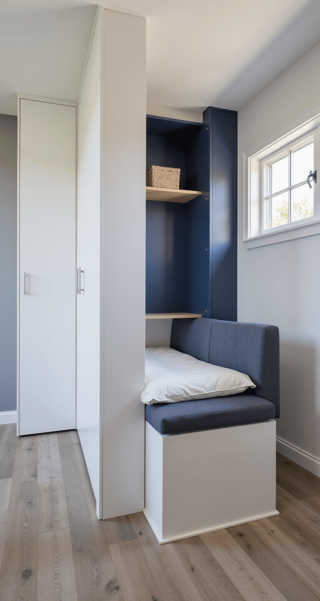 Compact multi-purpose studio with a Murphy bed in matte white, built-in desk, modular seating, vertical storage, light gray walls with navy accents, and weathered oak luxury vinyl flooring.