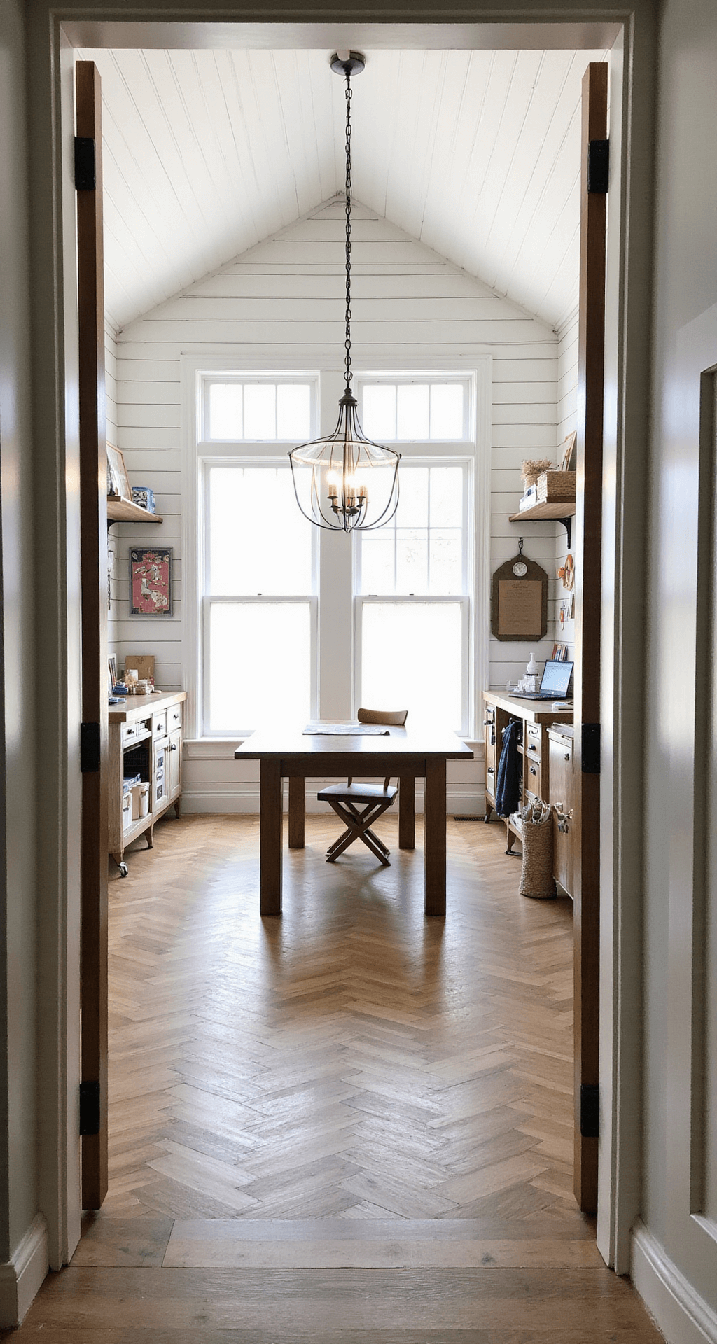 A spacious, creative retreat workspace with vaulted ceilings, featuring white-washed shiplap walls and herringbone wood floors. A modern chandelier hangs above a custom craft table at the center. A built-in storage wall with open shelving displays various art supplies. An inspiration board wall is illuminated by gallery lighting. Large industrial windows with sheer curtains allow soft morning light, creating an inspiring atmosphere. The room is shot from the doorway, capturing the full workshop layout.