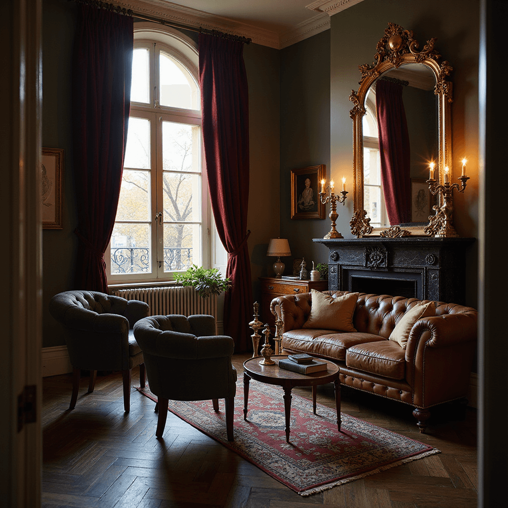 Moody living room at golden hour with sunlight through burgundy curtains, featuring a Chesterfield sofa, charcoal armchairs, herringbone floors, and antique decor.