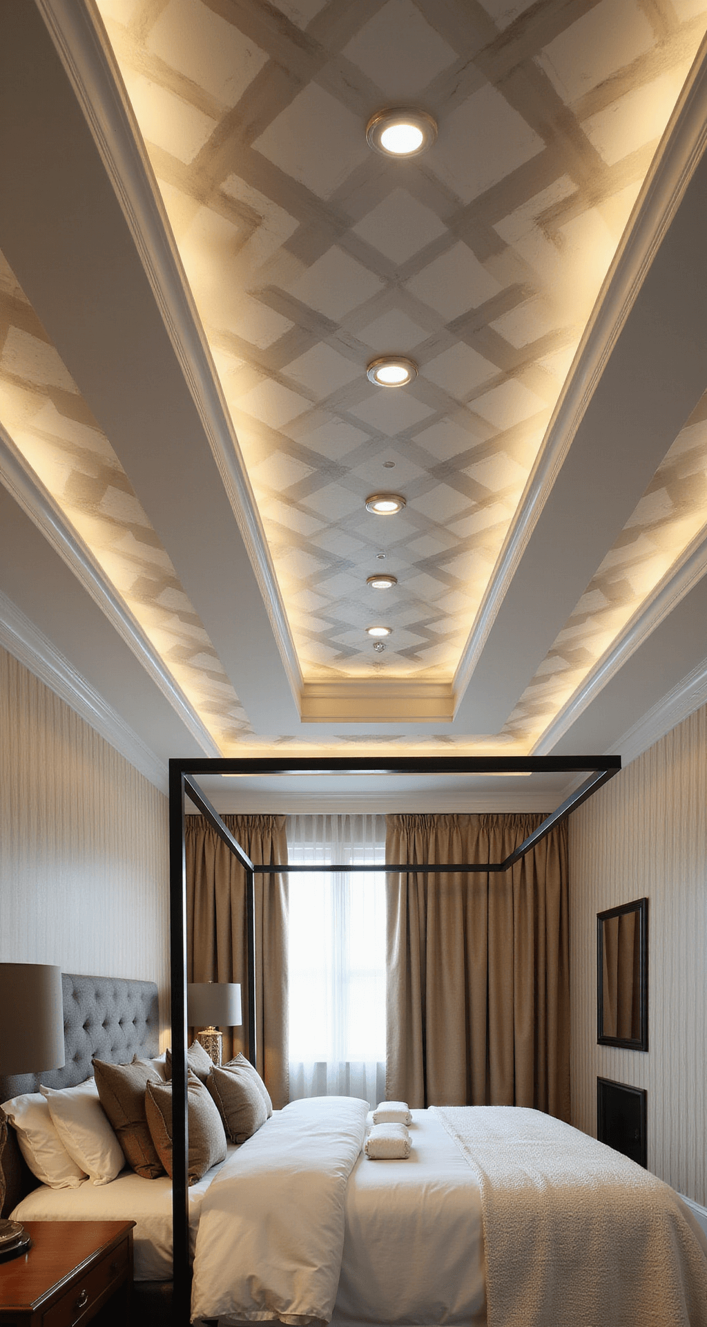 Low-angle view of an 8-foot basement ceiling with glossy white geometric wooden panels and crystal flush-mount fixtures casting dramatic light. A matte black metal four-poster bed accentuates the ceiling height. Walls feature pearl and ivory vertical striped wallpaper, with golden hour lighting highlighting architectural details.