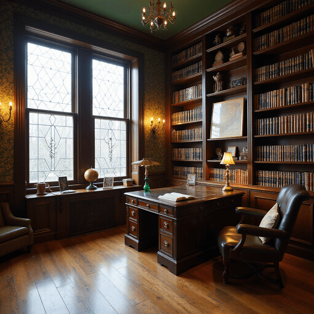A cozy, intimate library with 12x12ft dimensions featuring dark walnut bookshelves from floor to ceiling. Soft afternoon light through leaded glass windows creates geometric shadows on forest green walls with gold damask wallpaper above wooden wainscoting. An ebony partner desk with a green glass lamp sits centrally, and a leather wingback reading chair with a brass floor lamp is tucked in the corner. Copper-framed maps and a vintage globe decorate the space, captured from a corner angle to highlight the room's height and expansive bookshelf display amidst a blend of natural and ambient lighting.