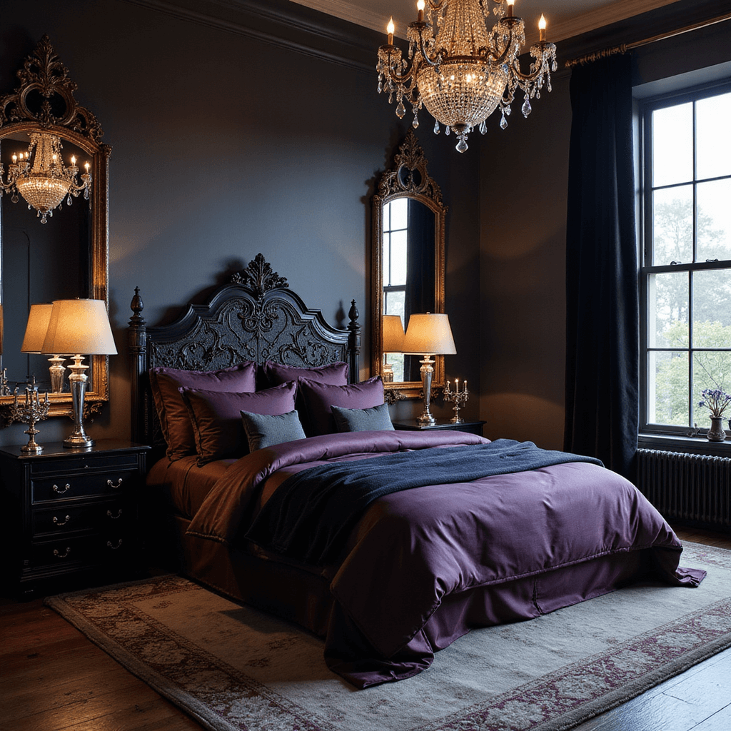 A master bedroom sanctuary with a king-size bed featuring a carved ebony headboard and plum and deep navy silk bedding. A vintage crystal chandelier casts a subtle sparkle on deep charcoal walls. Floor-to-ceiling mercury glass mirrors and black velvet drapes frame oversized windows. Antique silver candelabras and Gothic-inspired frames create mysterious vignettes. The photo is taken from an elevated position with moody evening lighting.