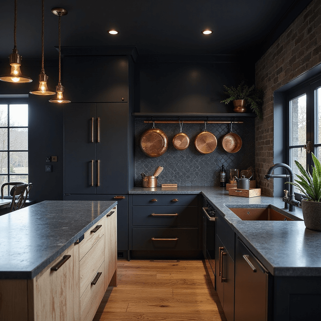 A modern dark kitchen with industrial touches, featuring matte black cabinets with copper handles, soapstone countertops, and a dark herringbone tile backsplash. Minimal pendant lights in aged brass illuminate the space. Vintage copper cookware hangs on an iron pot rack. A bleached oak center island contrasts with the dark tones. Side lighting highlights the room's textures and materials.