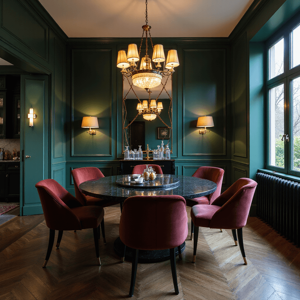 Art deco dining room at night with deep green lacquered walls, ebony dining table with black marble top, burgundy velvet chairs, geometric mirror panels, bar cart with crystal decanters, and warm glow from chandelier and moonlight.