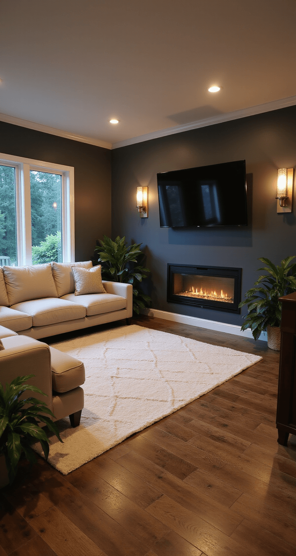 Transform Your Basement into a Cozy Basement Family Room Wide-angle view of a cozy basement media lounge with layered lighting, featuring a plush L-shaped sectional, mounted TV, electric fireplace, and trailing plants.