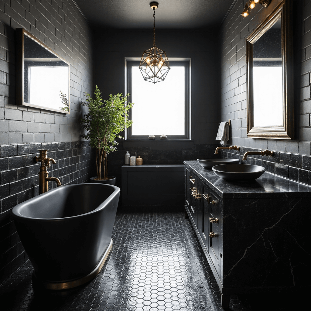 Monochromatic luxury bathroom with matte black subway-tiled walls, glossy hexagonal floor tiles, a central freestanding oval tub, brass chandelier, and double vanity with vessel sinks and brass faucets; low angle view captures the reflection in a large mirror, illuminated by morning light.