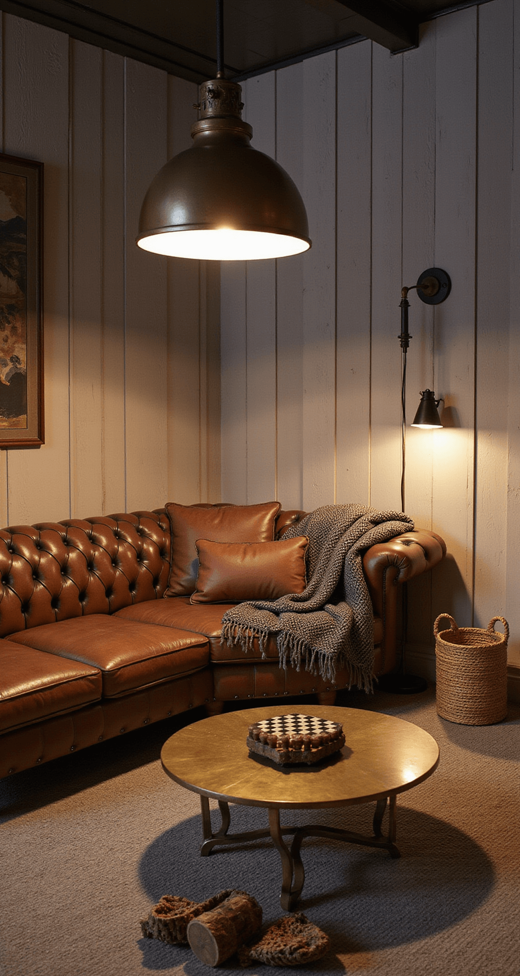 Intimate basement game zone with greige shiplap walls, vintage Chesterfield sofa, geometric brass table, industrial lighting, and earth-toned decor.