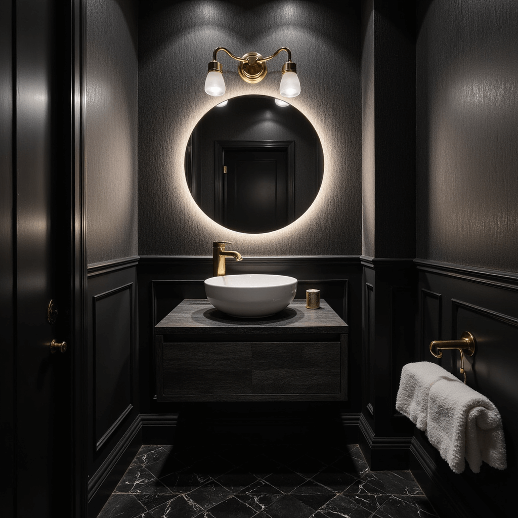 Intimate noir powder room with black grasscloth wallpaper, antique brass sconce, floating black-stained oak vanity with white vessel sink, backlit circular mirror, and black marble herringbone floor.