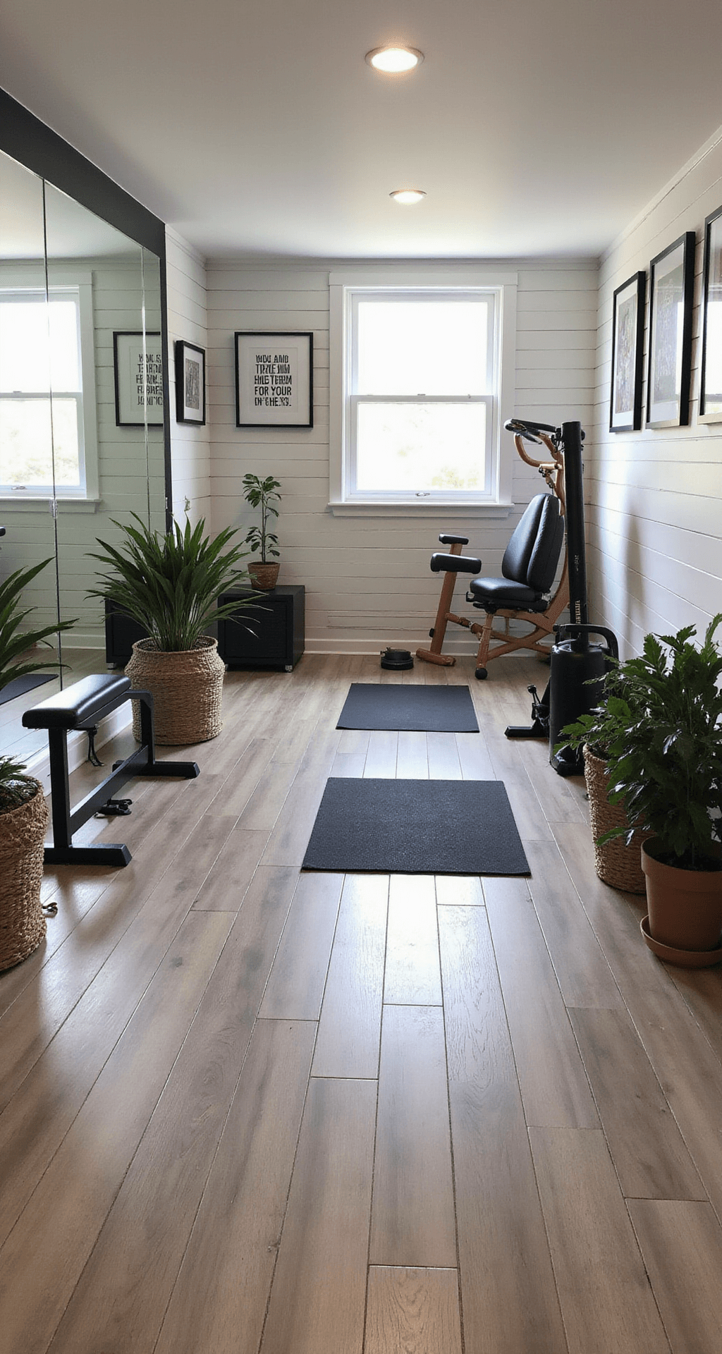 Basement workout sanctuary with floor-to-ceiling mirrors, luxury vinyl flooring, and morning light streaming through frosted windows; features copper and matte black exercise equipment, motivational art on white shiplap walls, rubber flooring insets, potted plants, and woven storage baskets