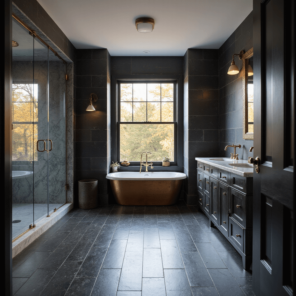 Spacious 15x20ft bathroom with black porcelain tiles, copper soaking tub in bay window, black oak double vanity with brass hardware, and oversized shower enclosure; golden hour light accentuates brass details.