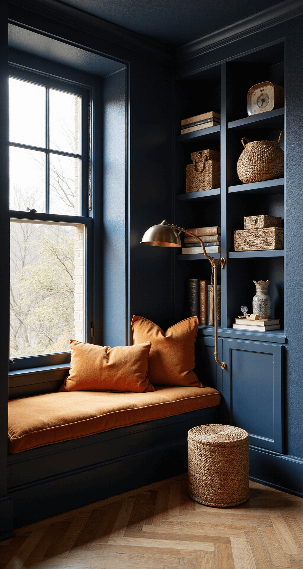 A cozy basement reading nook with navy grasscloth wallpaper and matching ceiling, featuring built-in bookshelves with LED lighting, a burnt orange velvet window seat, and layered textures including leather, velvet, woven baskets, and antiqued mirrors, illuminated by a vintage brass floor lamp. Basement Family Room