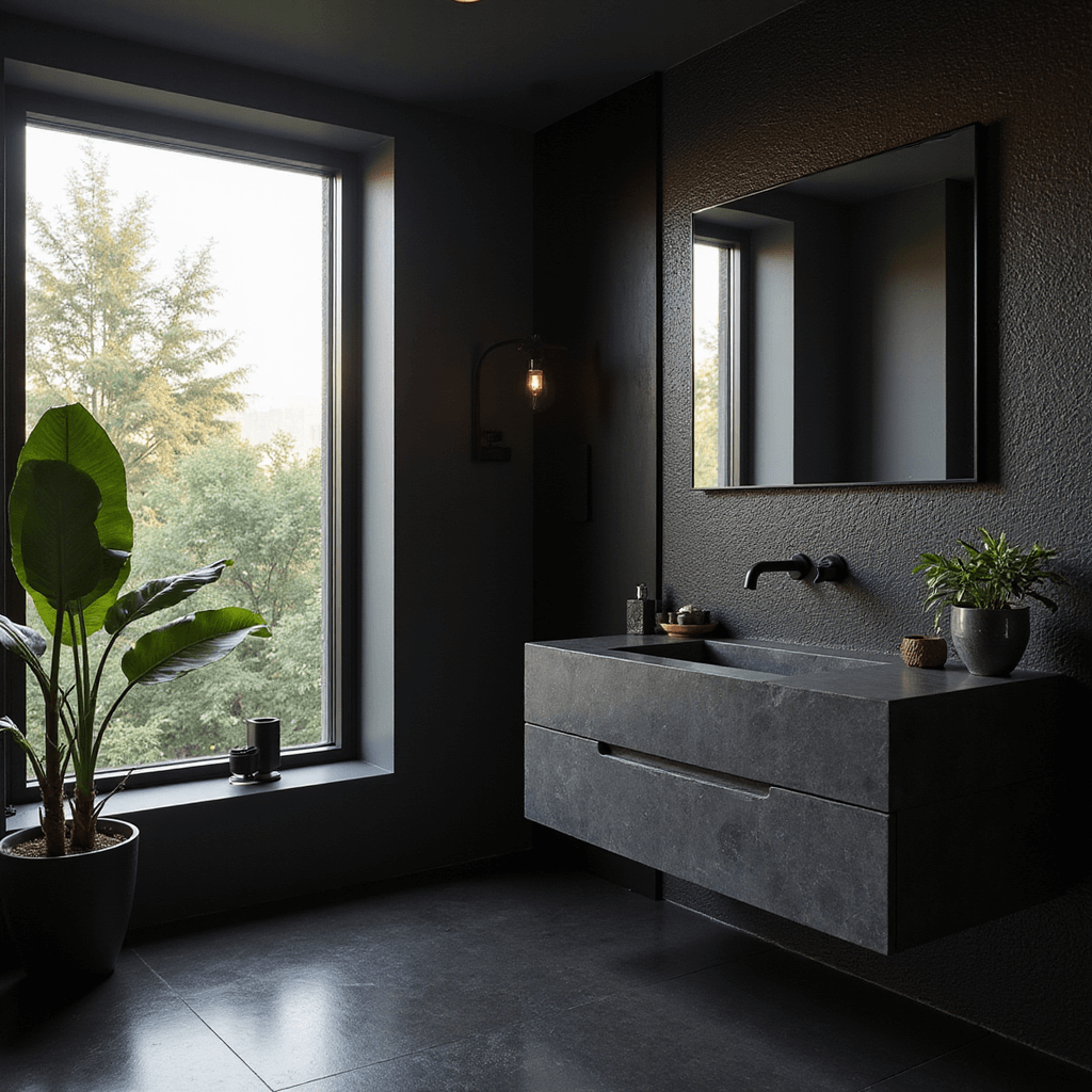 A modern noir ensuite bathroom with a floating black stone vanity, matte black penny tiles, high-gloss black porcelain floor, minimalist black fixtures, a potted monstera, and dramatic afternoon shadows.