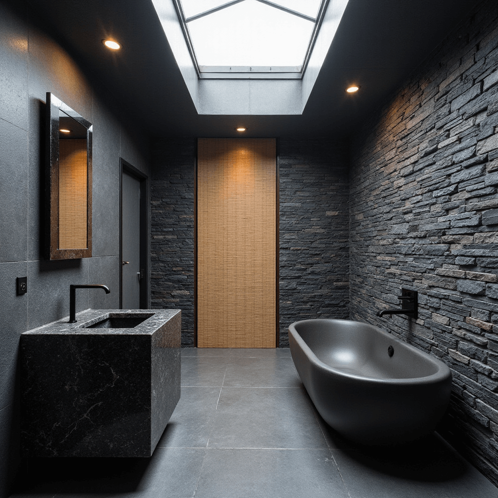 A Zen-inspired black spa bath with a freestanding concrete tub against a bamboo screen, black granite vanity, and black slate stone walls, illuminated by skylights.