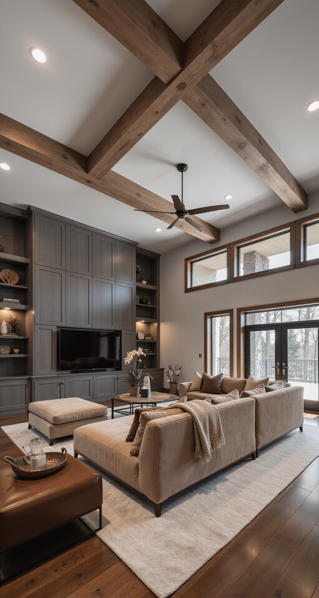 Family entertainment hub with weathered oak beams, warm gray walls, and modular furniture in cognac leather, viewed from elevated angle with dramatic evening uplighting. Basement Family Room