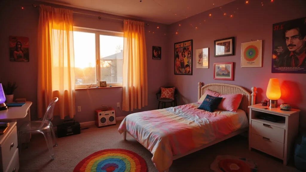 A 90s teen bedroom illuminated by sunset light, featuring Lisa Frank bedding, neon accents, and nostalgic memorabilia like a lava lamp, inflatable chair, boombox, and posters of Kurt Cobain and Spice Girls.