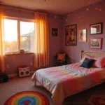 A 90s teen bedroom illuminated by sunset light, featuring Lisa Frank bedding, neon accents, and nostalgic memorabilia like a lava lamp, inflatable chair, boombox, and posters of Kurt Cobain and Spice Girls.
