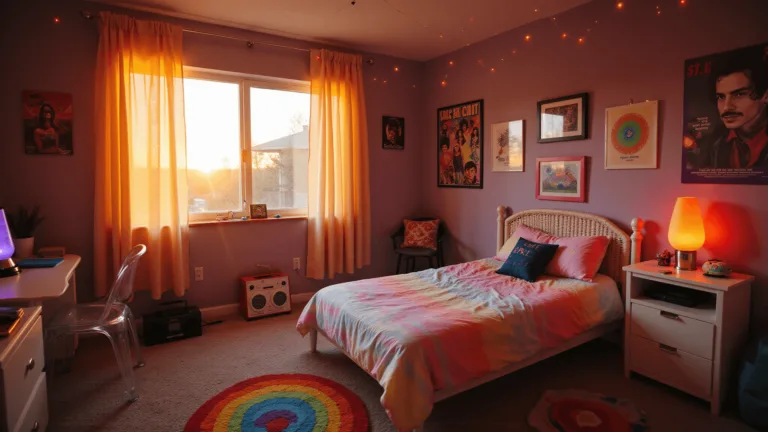 A 90s teen bedroom illuminated by sunset light, featuring Lisa Frank bedding, neon accents, and nostalgic memorabilia like a lava lamp, inflatable chair, boombox, and posters of Kurt Cobain and Spice Girls.
