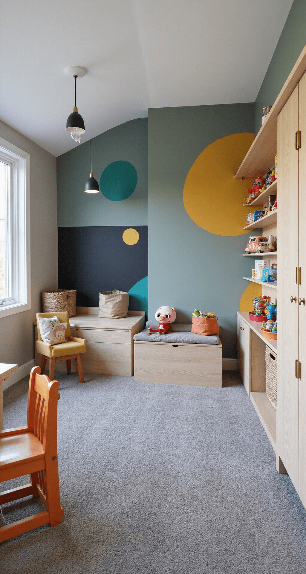 A brightly lit basement play area with curved design elements, featuring walls with magnetic chalkboard paint and vibrant geometric murals, white oak storage with brass hardware, organized toys, gray low-pile carpet, and pendant lighting. Basement Family Room