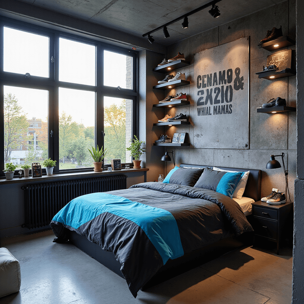 Street Style Bedroom: Transforming Your Space with Urban Edge A contemporary bedroom with floor-to-ceiling windows, displaying a sneaker collection on industrial shelving. The room features a concrete-effect wall, platform bed with charcoal and electric blue bedding, motivational murals, and basketball memorabilia on floating shelves. Chrome and black accents, including track lighting, enhance the urban feel. LED strips add a blue ambient glow.