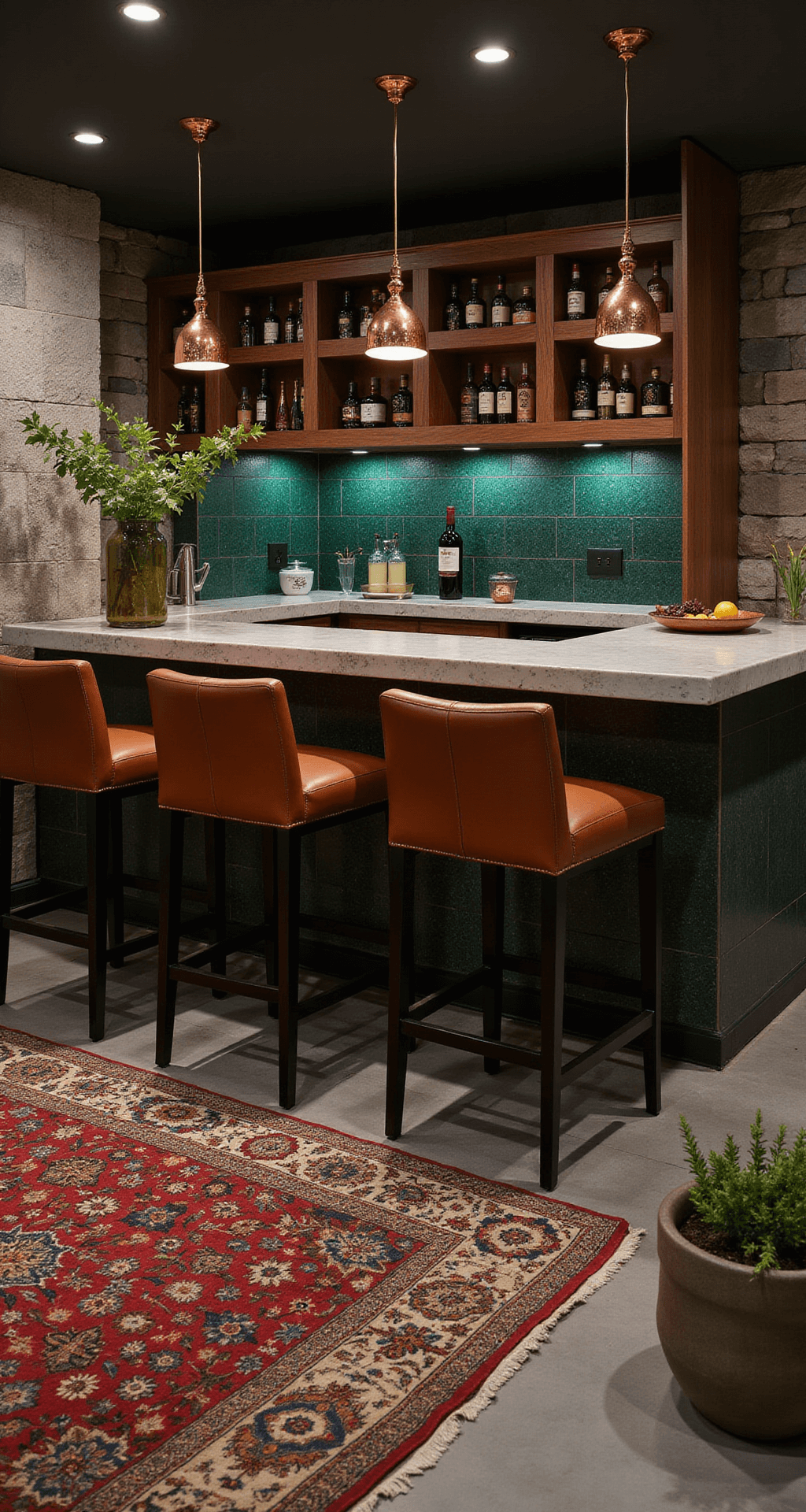 A cozy basement bar and lounge with dark emerald tiles, walnut shelves, copper pendant lights, a quartzite counter, leather barstools, accent lighting, a Persian rug, and potted herbs. Basement Family Room