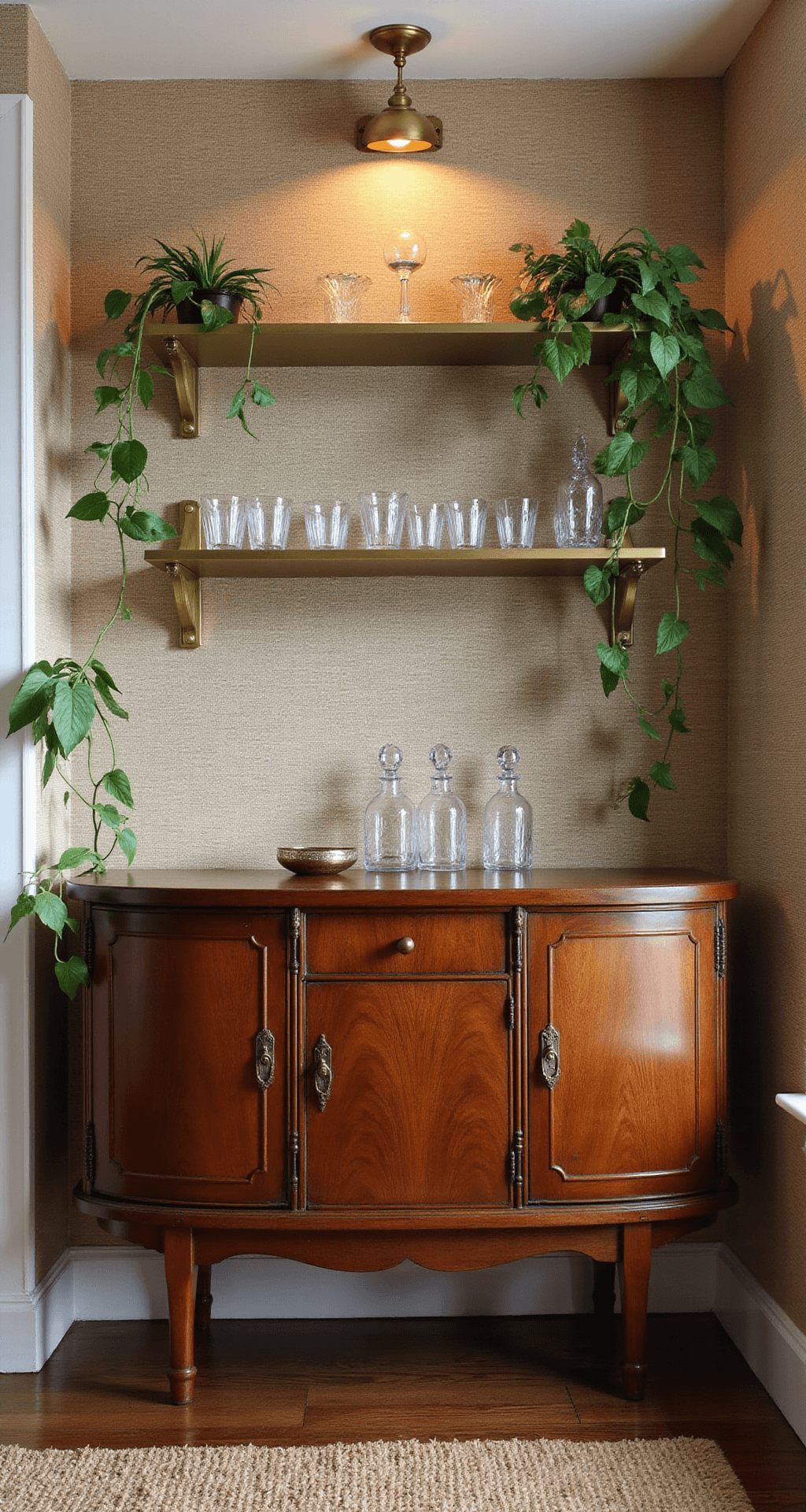 A stylish DIY dry bar in a basement corner with late afternoon light, featuring a restored mahogany sideboard, crystalline decanters, floating brass shelves with vintage glassware and pothos plants, set against warm taupe grasscloth wallpaper.