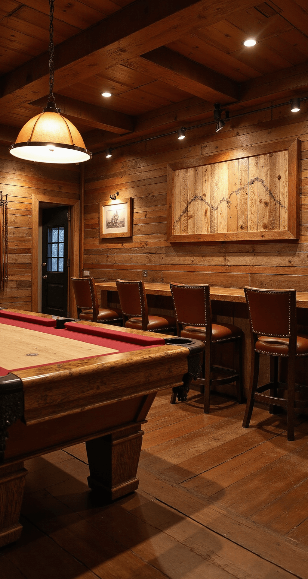 Wide-angle view of a rustic Western-themed basement bar with antique furnishings, amber lighting, and rich earthy tones.