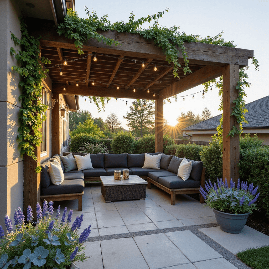 Transform Your Suburban Backyard: A Complete Design Guide for Functional, Beautiful Spaces Low-angle view of a pergola-covered patio at golden hour, with weathered cedar beams casting shadows on travertine pavers. A contemporary sectional with charcoal cushions, ivory and sage pillows sits beneath climbing jasmine and copper string lights. Succulents and lantana in containers add color to the scene.