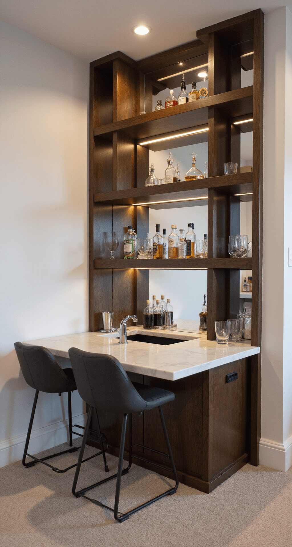 A contemporary under-stair corner bar with espresso wood floating shelves, mirrored backsplash, marble counter, and sleek barstools, illuminated by natural and LED lighting.