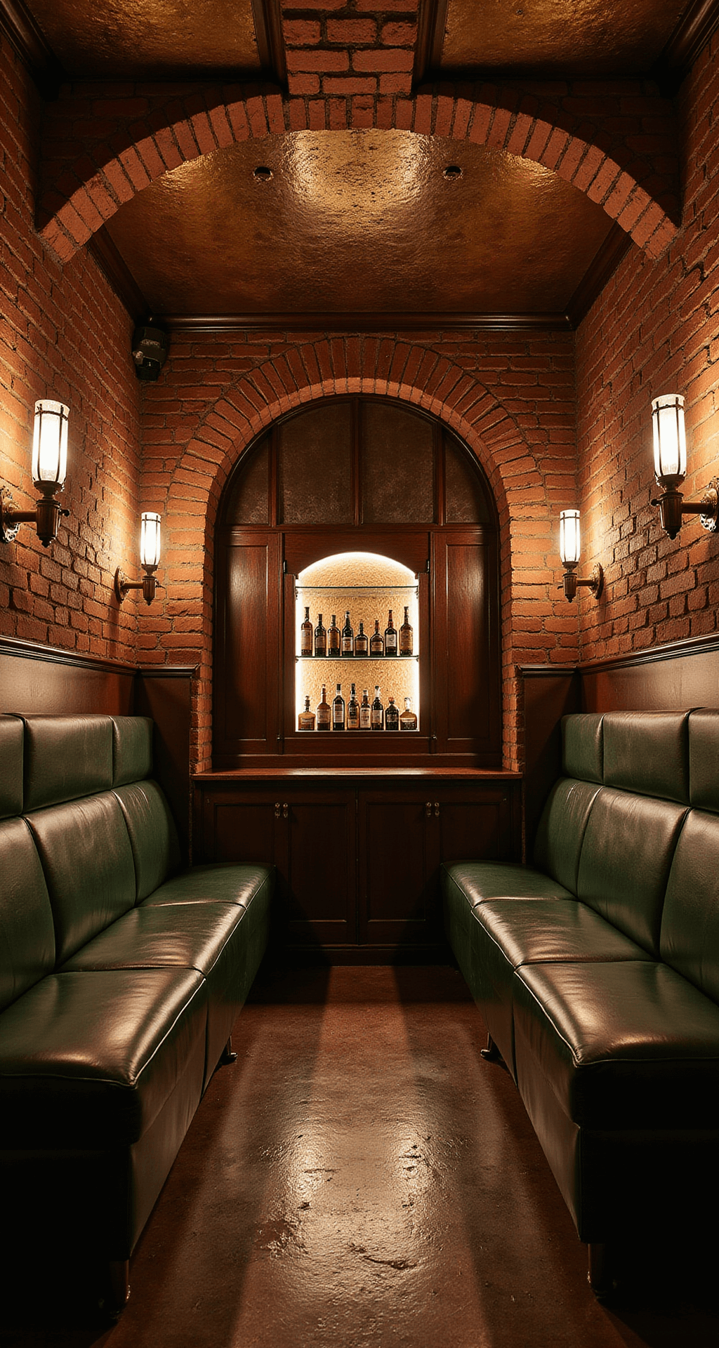 A dimly lit speakeasy bar with vintage-style archways, backlit bottle display, exposed brick walls, and a pressed tin ceiling. Custom leather banquettes line the walls beneath gas-style sconces, with antique mirror panels adding depth. Dramatic uplighting and rich jewel tones like emerald, burgundy, and aged brass dominate the space.