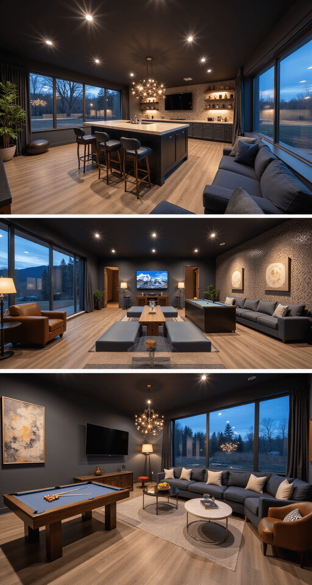 A stylish basement entertainment hub features a central figured maple island bar flowing into a media lounge with sectional seating, illuminated by layered lighting. A geometric tile accent wall with an 85-inch TV is present, while a pool table area is defined by a modern sputnik chandelier. The color scheme includes charcoal, navy, and warm woods with copper accents, creating distinct activity areas in the evening setting.