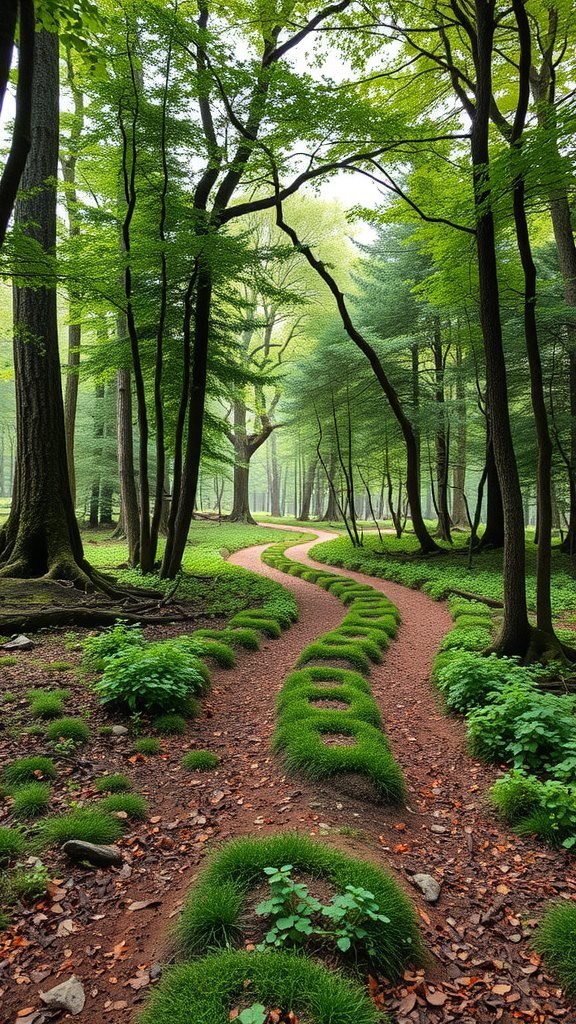 A winding path through a lush green forest, surrounded by trees and mist.