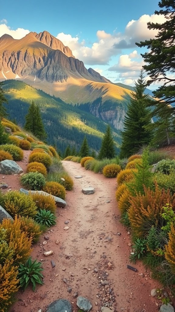 A scenic hiking trail surrounded by colorful foliage and mountains