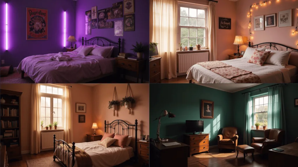 A cinematic split-screen image showing four distinct aesthetic bedroom styles in high detail: an Indie room with purple LEDs and vintage art, a Soft Girl room with pastel colors and fairy lights, a Cottagecore room with a vintage bed and floral decor, and a Dark Academia room with forest green walls and rich wooden furnishings, illuminated by moody lighting.
