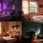 A cinematic split-screen image showing four distinct aesthetic bedroom styles in high detail: an Indie room with purple LEDs and vintage art, a Soft Girl room with pastel colors and fairy lights, a Cottagecore room with a vintage bed and floral decor, and a Dark Academia room with forest green walls and rich wooden furnishings, illuminated by moody lighting.