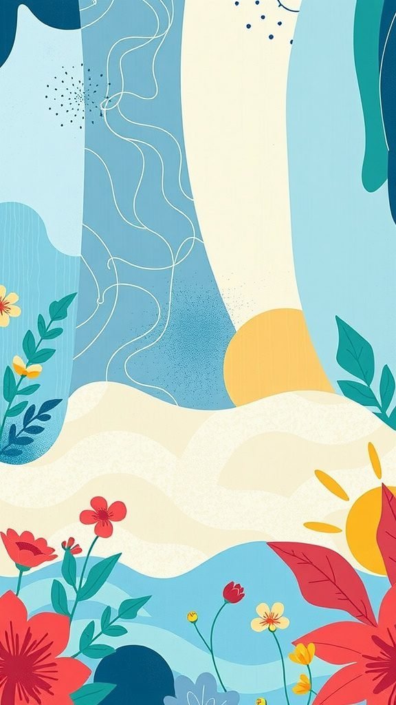 An artistic abstract design featuring blue tones, flowing lines, and colorful flowers, embodying summer vibes.