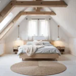 Photorealistic interior of a serene Scandinavian attic bedroom at dawn, featuring sloped white walls, natural wood beams, a custom bed nook with gray linen bedding, minimal nightstands, globe pendant lights, sheer curtains, and a jute rug, all bathed in soft golden light.